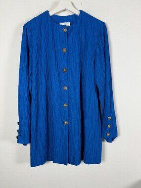 Vintage 90s Ruth Norman Womens Blue Crinkle Textured Jacket Gold Buttons Large